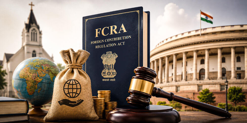 Symbolic illustration representing India's Foreign Contribution Regulation Act (FCRA) and foreign funding regulations