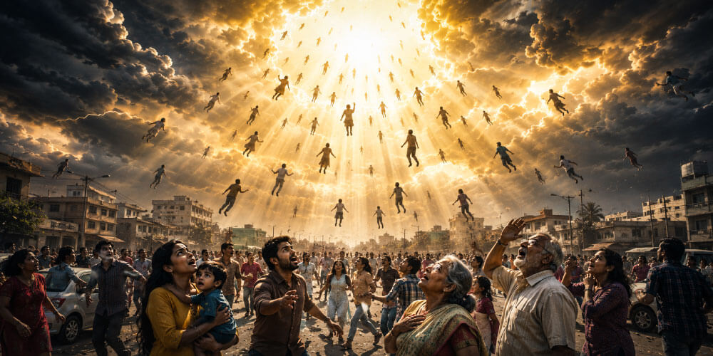 The Rapture of the Church illustration showing Jesus Christ in radiant clouds as believers are caught up into heaven, with light breaking through a dramatic sky to symbolize Christ's return.