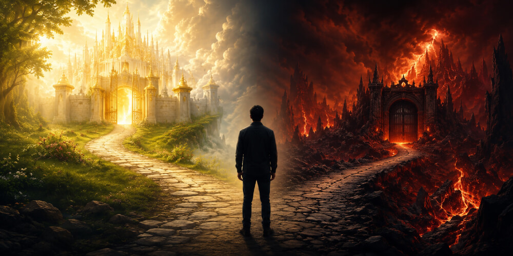 Symbolic illustration of Heaven and Hell showing the Bible's teaching about eternal life and eternal separation from God.