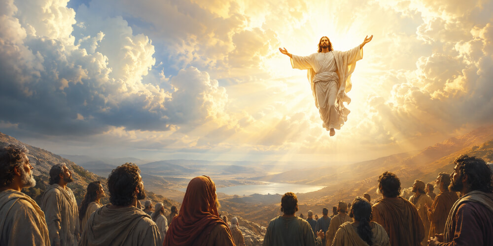 Artistic depiction of the Rapture as believers are caught up to meet Jesus Christ in the clouds